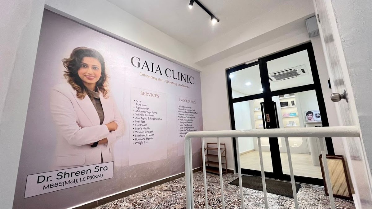 Gaia Clinic entrance with the clinic signage wall listing services